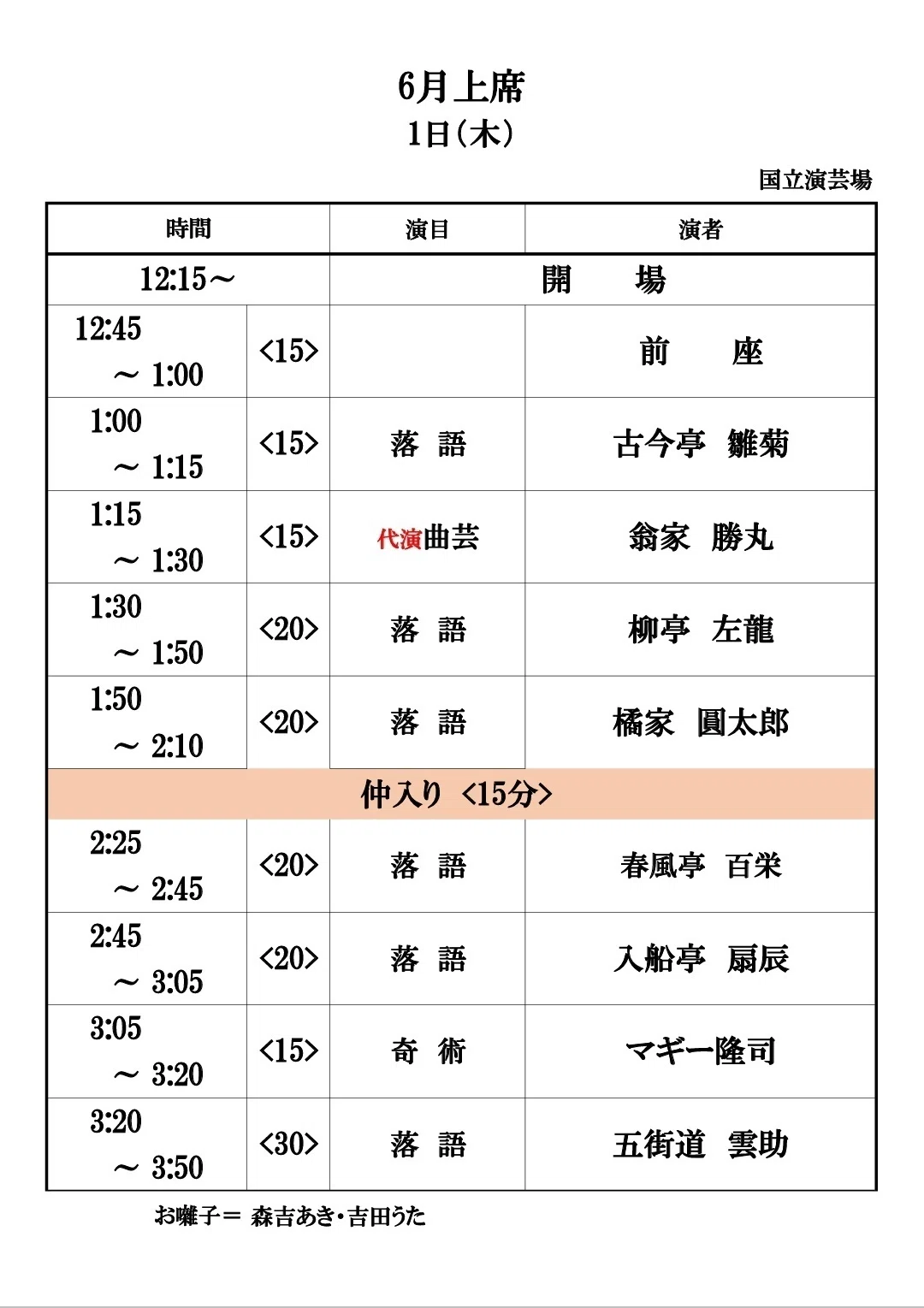 6月上席 @国立演芸場 番組、休演・代演のお知らせ ※毎日追記あり〼|十鼓