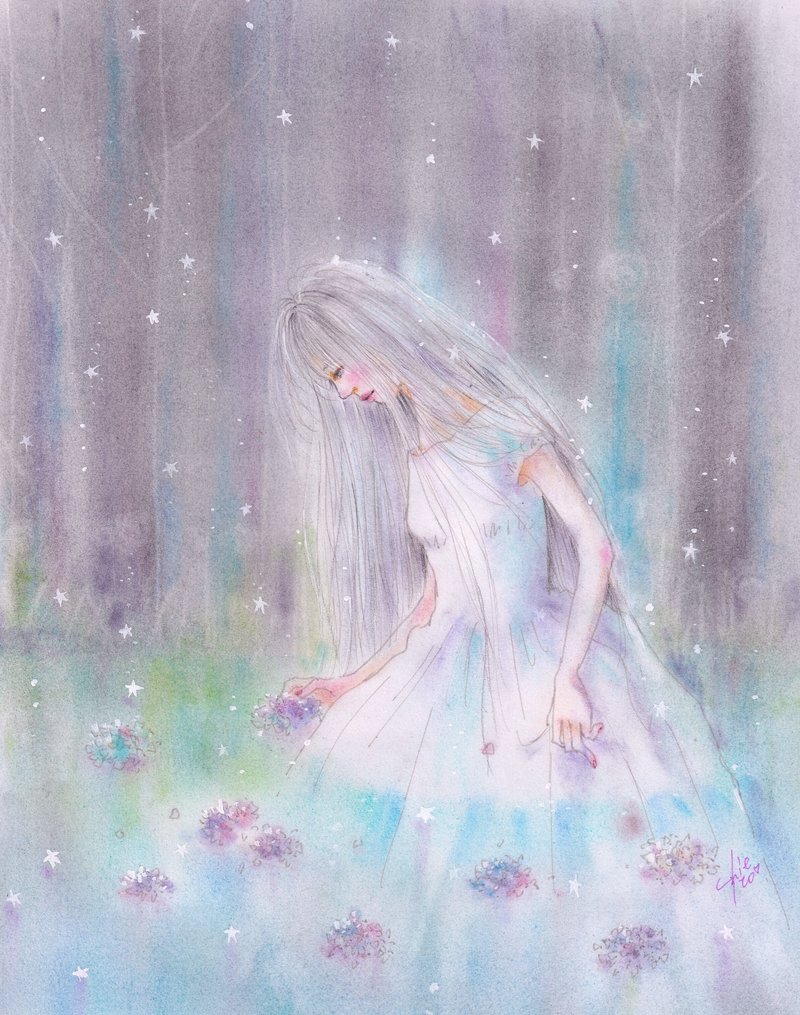 君と出逢ったのは　 雨が香る森に　シャラシャラと星が落ちて　 まあるい花になった夜