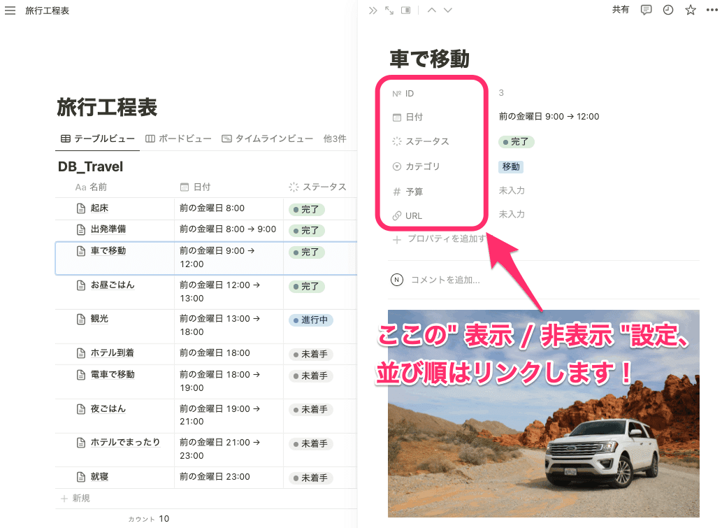 「ページ内に表示されるプロパティの " 表示 / 非表示 " 設定、並び順」はリンクする