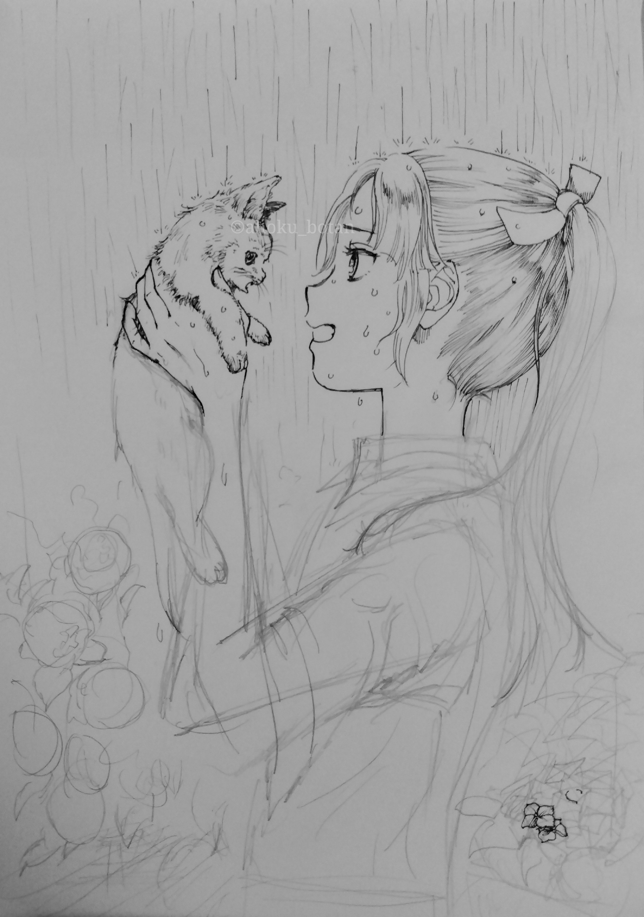 花 猫 ネコ イラスト 絵 ドローイング 女々し