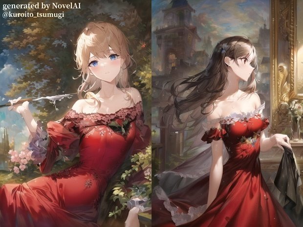 水墨画 女性と街並み 赤いドレス　フレームなし 赤い水のドレスをt2iで作りたい│NovelAI【AIイラスト制作備忘録】｜黒
