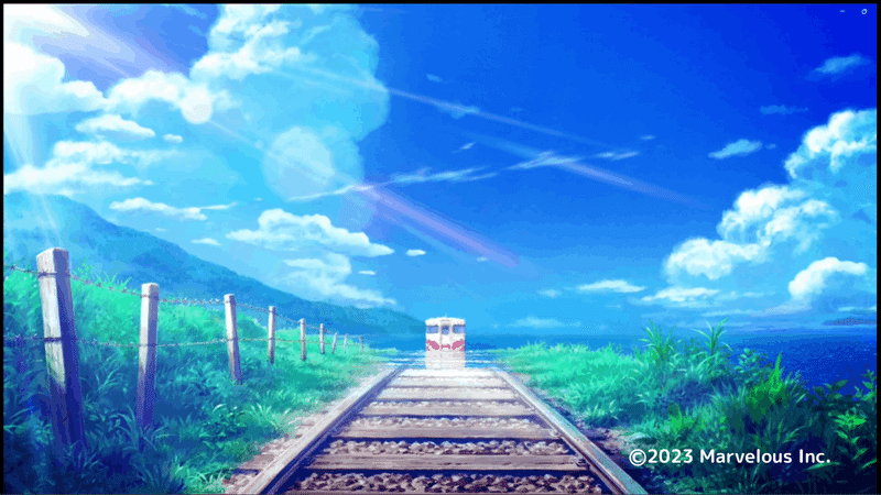LOOP８のオープニング映像。晴れた青空の下、古びた電車が線路を走ってくる。