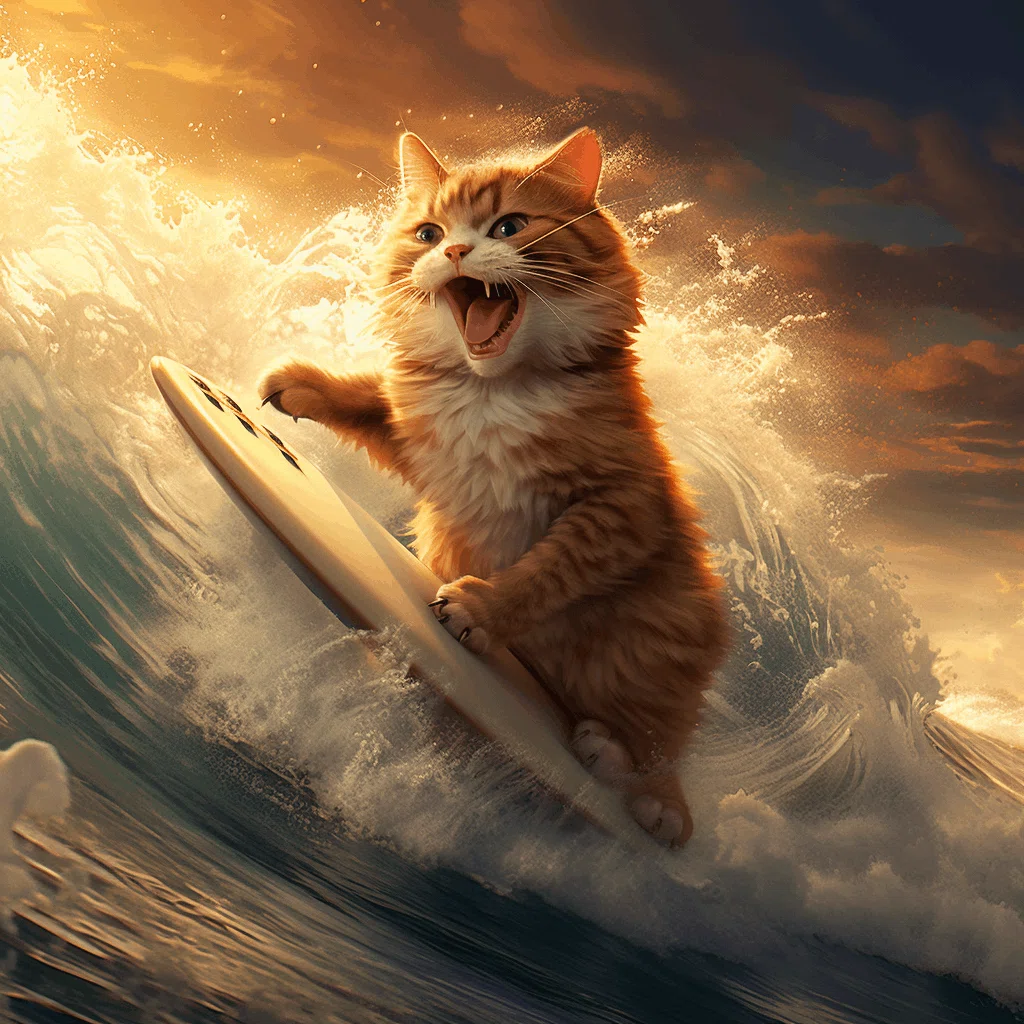 猫　サーフィン　サバトラ　とら猫　サーファー猫　夏　日本画　絵画　原画　海 サーフィン猫のクリップアート、サーフボードに乗ったトラ猫、かわいい