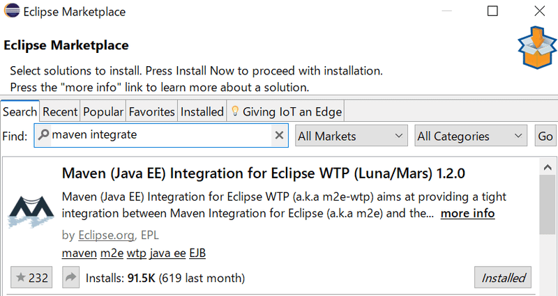 Eclipse Marketplace で maven integration をキーワードとして検索すると、Maven (Java EE)Integration for Eclipse WTP (Luna/Mars)1.2.0 が表示される