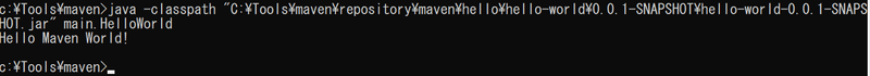 コマンドプロンプトでjava -jar targetディレクトリに出力されたjarファイルのパスを指定して実行すると、Hello Maven World!と出力された