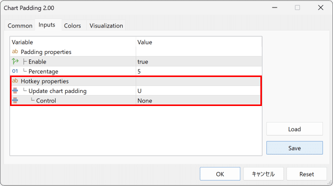 インジケーターのインプットタブのホットキーのパラメーターの画像