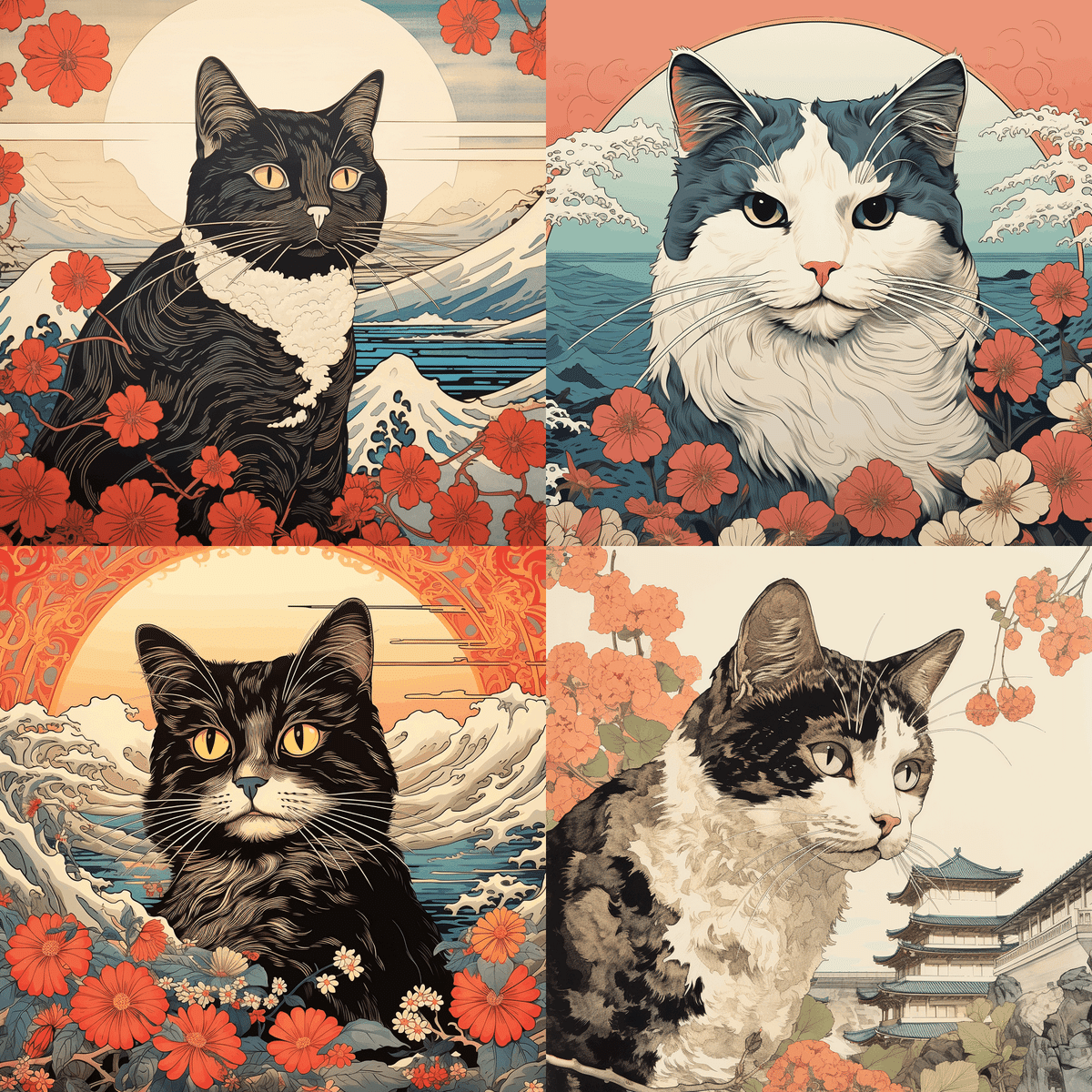 龍に導かれ　猫　絵　イラスト 猫が戯れるイラストセット2匹の猫が互いを信頼し合い、触れ合う
