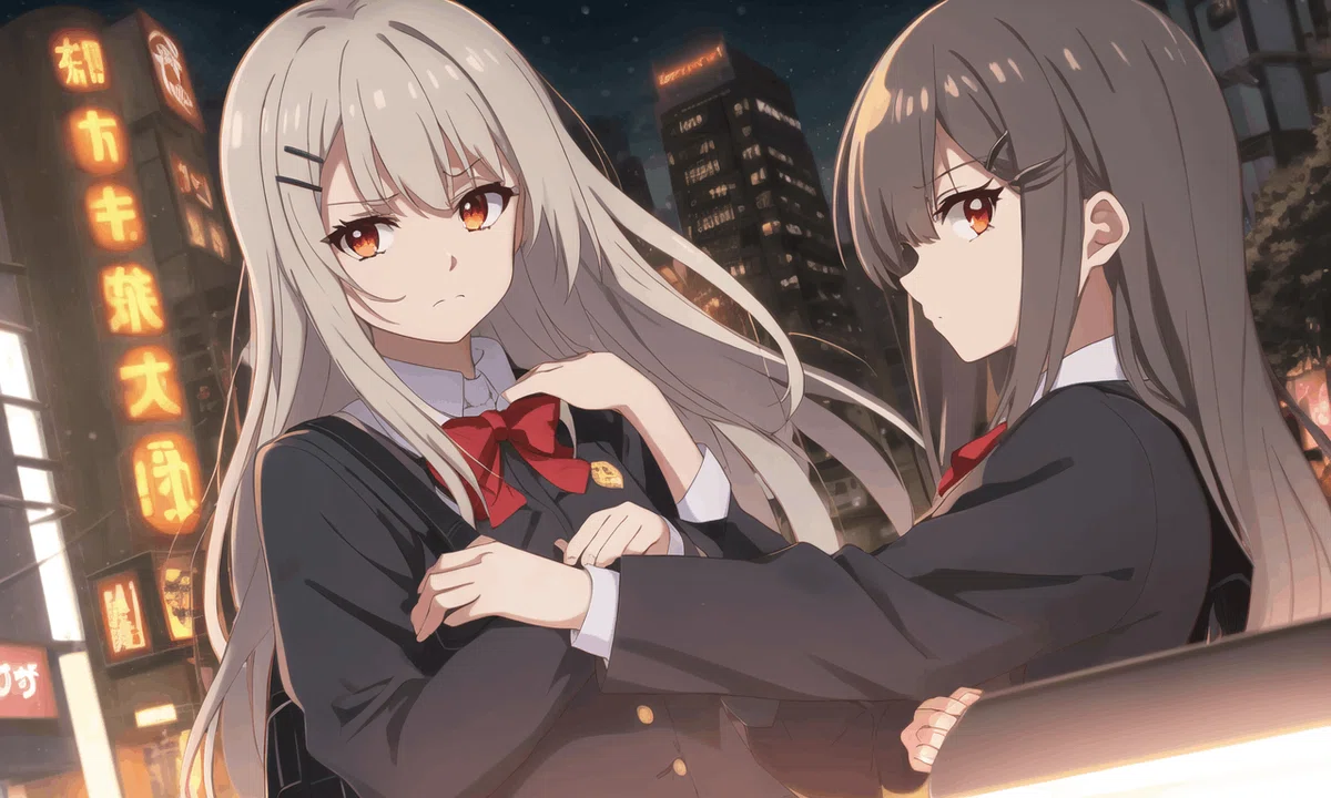 女の子二人が街中で立っている画像。フラットな色彩。