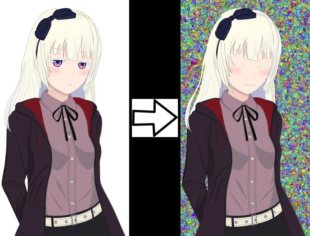 学習素材を白背景からカラーノイズに変えたときのイメージ画像。写ってるのは僕