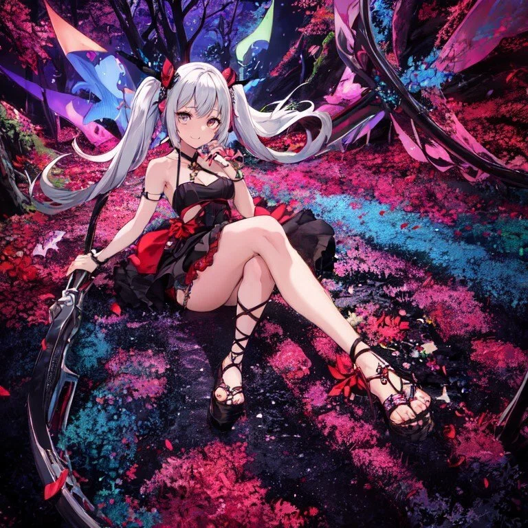 色彩感覚の狂った森の中に得体の知れない女の子が座っている画像。ノイズ法の作例