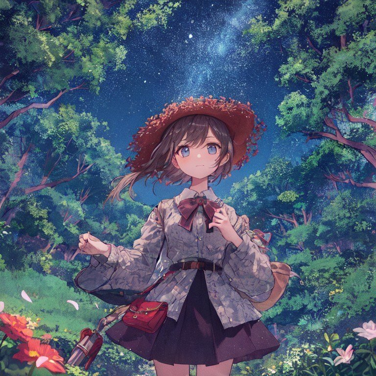ノイズ法の作例。ふわっとした絵柄は奇跡の一枚。夜の森を冒険する小さな女の子のイラスト。