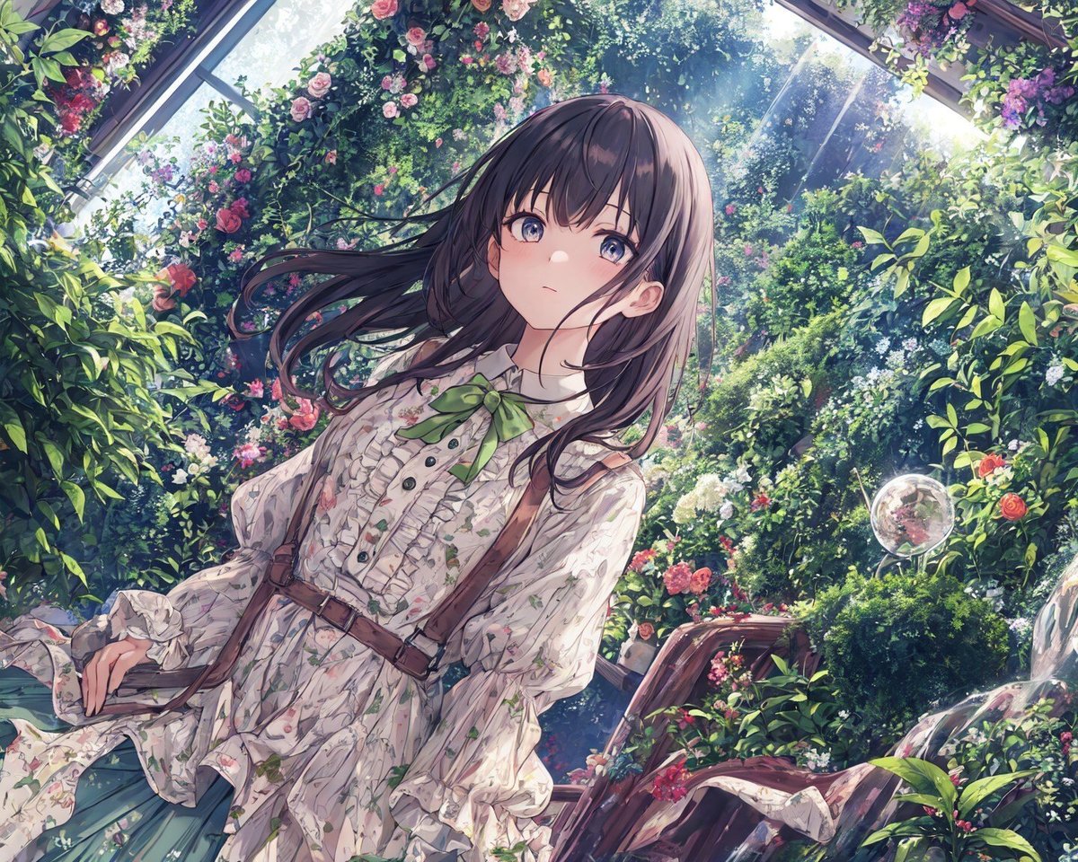 温室の中で女の子が佇んでいる絵。もしかすると水中かも知れない