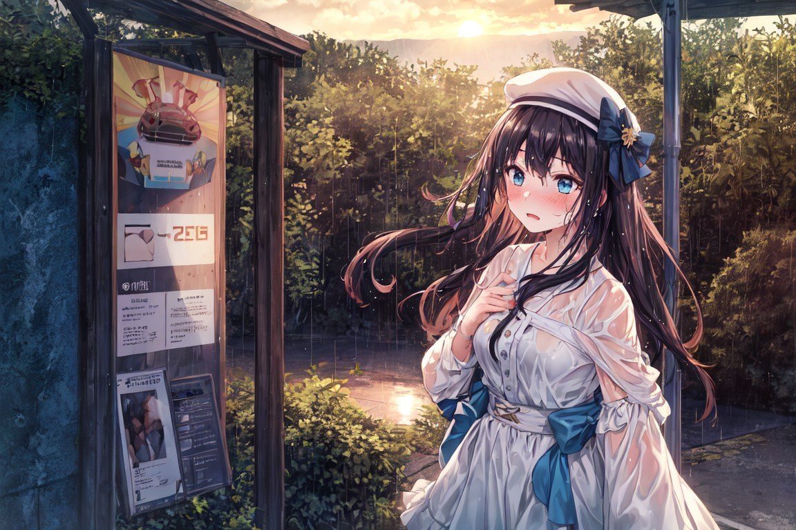 プロンプトで出した天気雨のイラスト。左側の看板に非常に目立つポスターが描かれている