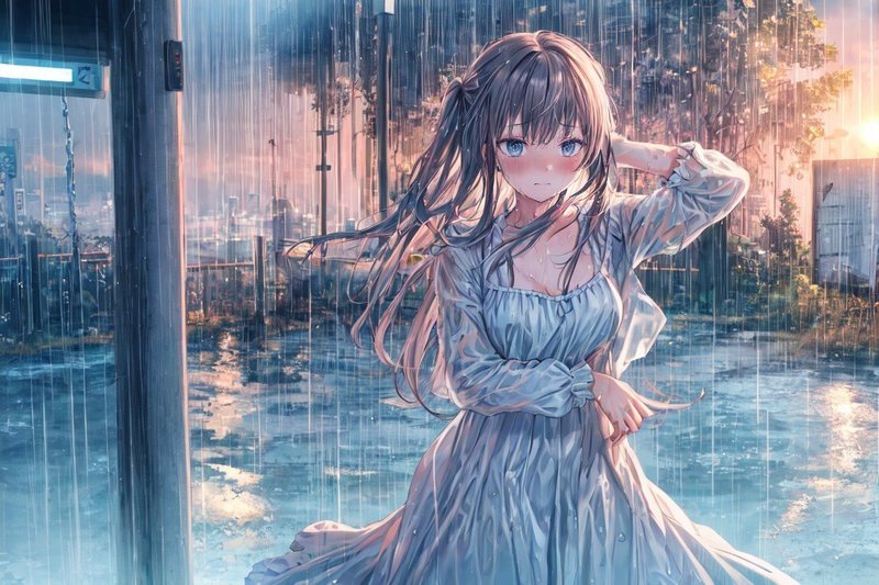 集中豪雨の中、濡れた髪を気にする女の子の画像。可愛い