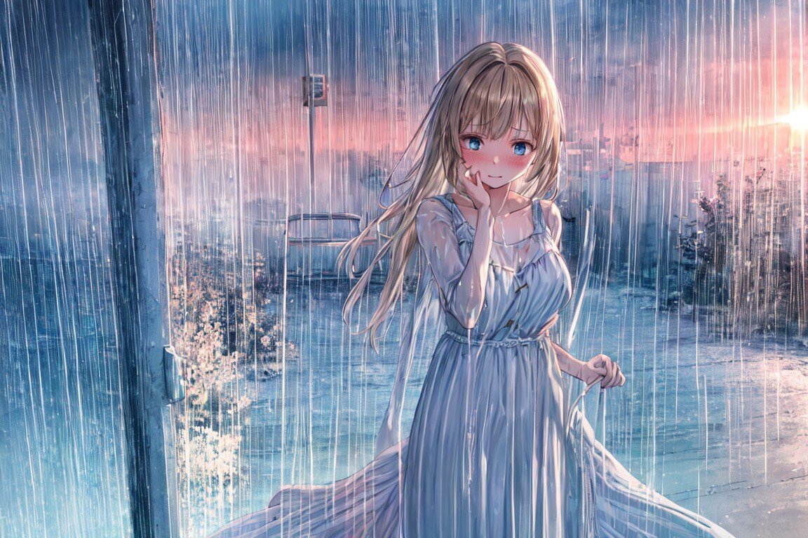 なんとか女の子の前に雨の線を描かせようとして失敗した画像。破滅的な大雨に街が煙り、沈んでいく