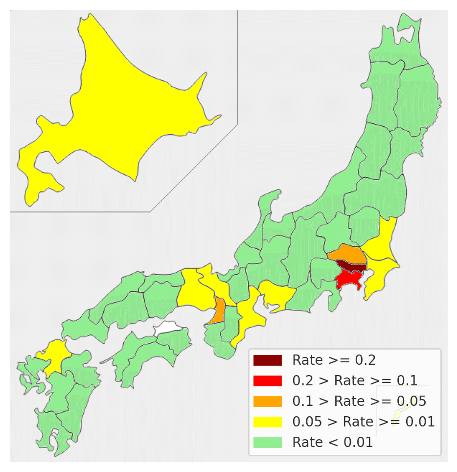 Code Interpreterで日本地図を描く、階級に区分し色分け、都道府県