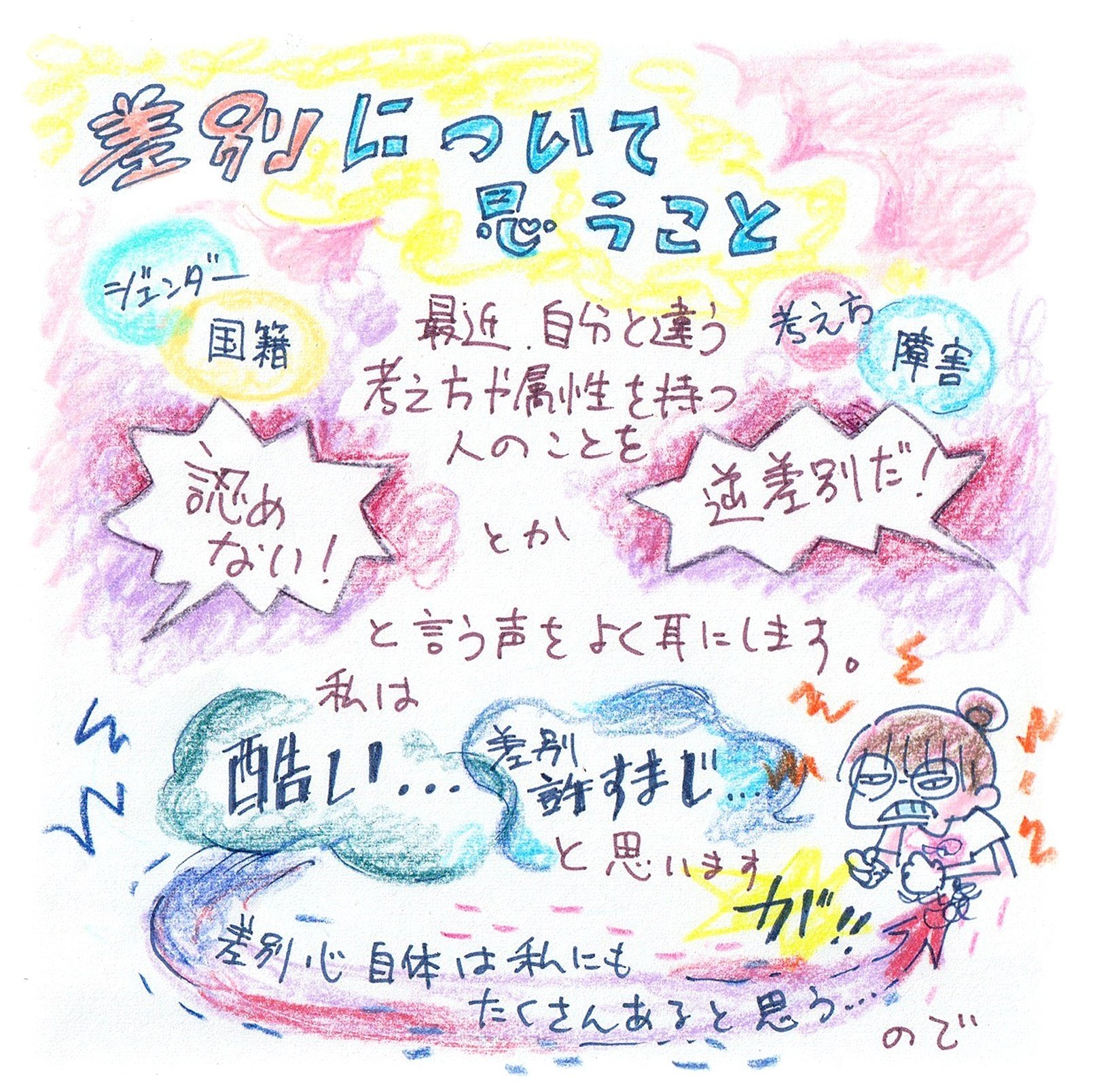 差別について思う事。最近、自分と違う考え方や属性を持つ人のことを「認めない」とか「逆差別だ」という声をよく耳にします。私は「酷い」「差別許すまじ」と思いますが、差別心自体は私にもたくさんあると思う…ので…