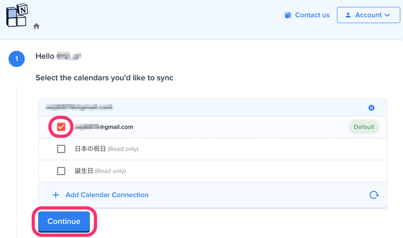 同期させるカレンダーを選択して「Continue」をクリック