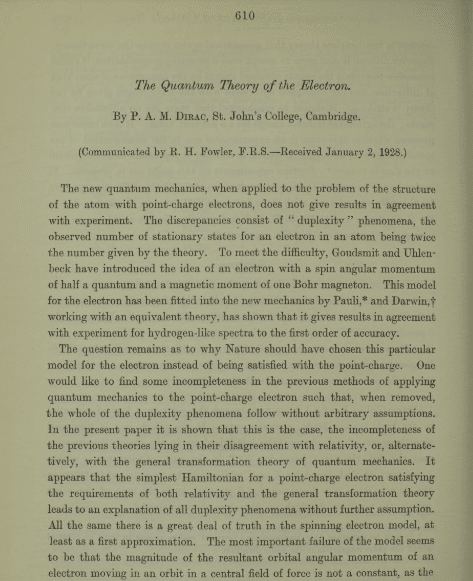 ポール・ディラックの原論文を読んでみよう（1928年：ディラック