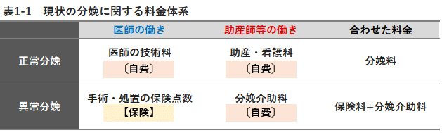 表1-1　現状の分娩に関する料金体系