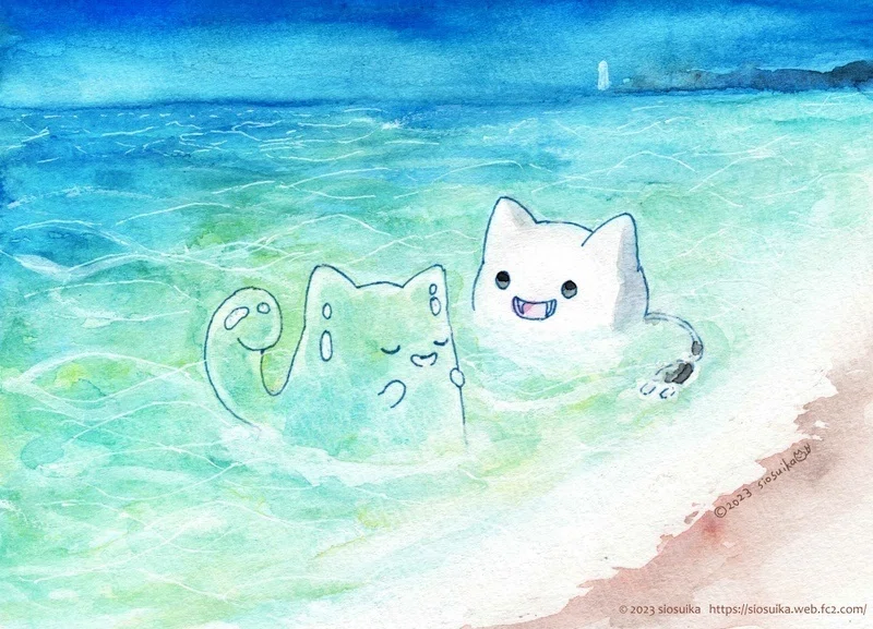 海と猫のゆるい絵｜しおスイカ