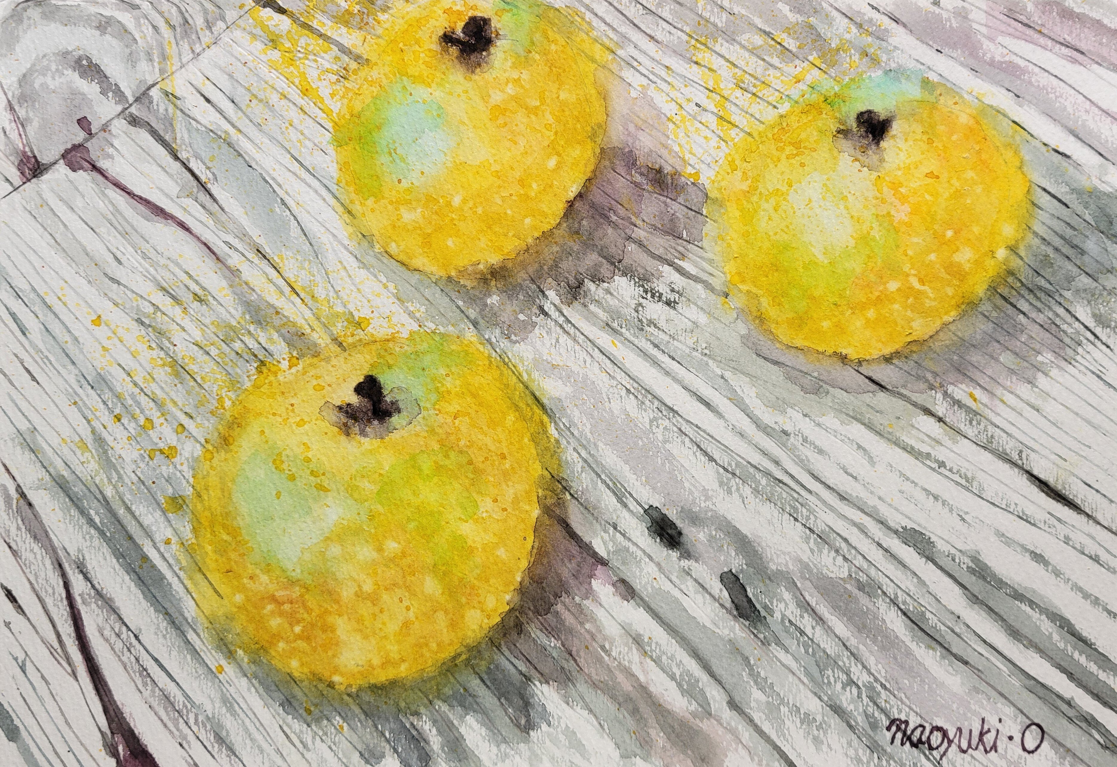 縁台の梨」（透明水彩A4）｜おおもり なお【大森尚行】