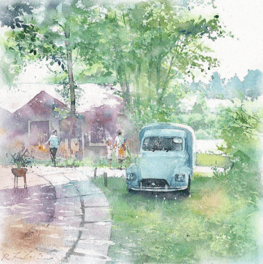 手描きイラスト✢創作水彩原画『暑中御見舞い申し上げます』』 お散歩スケッチ制作途中 今朝はとても涼しい朝でした 昨夜も