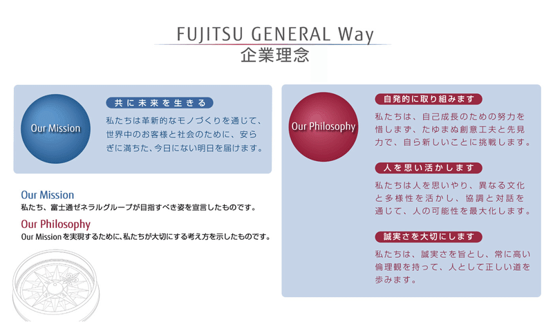 「FUJITSU GENERAL Way(企業理念)」Our Mission: ともに未来を生きる、Our Philosophy: 自発的に取り組みます、人を思い活かします、誠実さを大切にします
