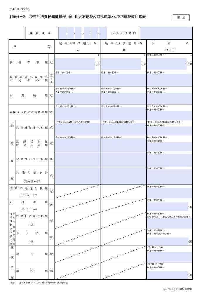 入力用PDF】付表4-3 税率別消費税額計算表 兼 地方消費税の課税
