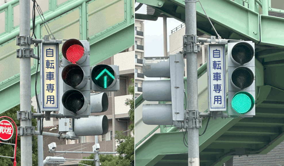 赤信号と直進矢印灯器の自転車専用信号｜道路標識マニア