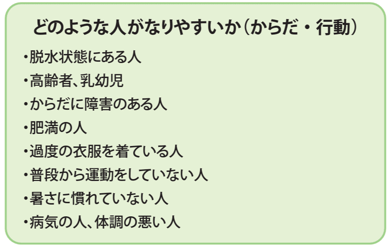 どのような人がなりやすいか（からだ・行動）
・脱水症状にある人
・高齢者、乳幼児
・からだに障害のある人
・肥満の人
・過度の衣服を着ている人
・普段から運動をしていない人
・暑さになれていない人
・病気の人、体調の悪い人