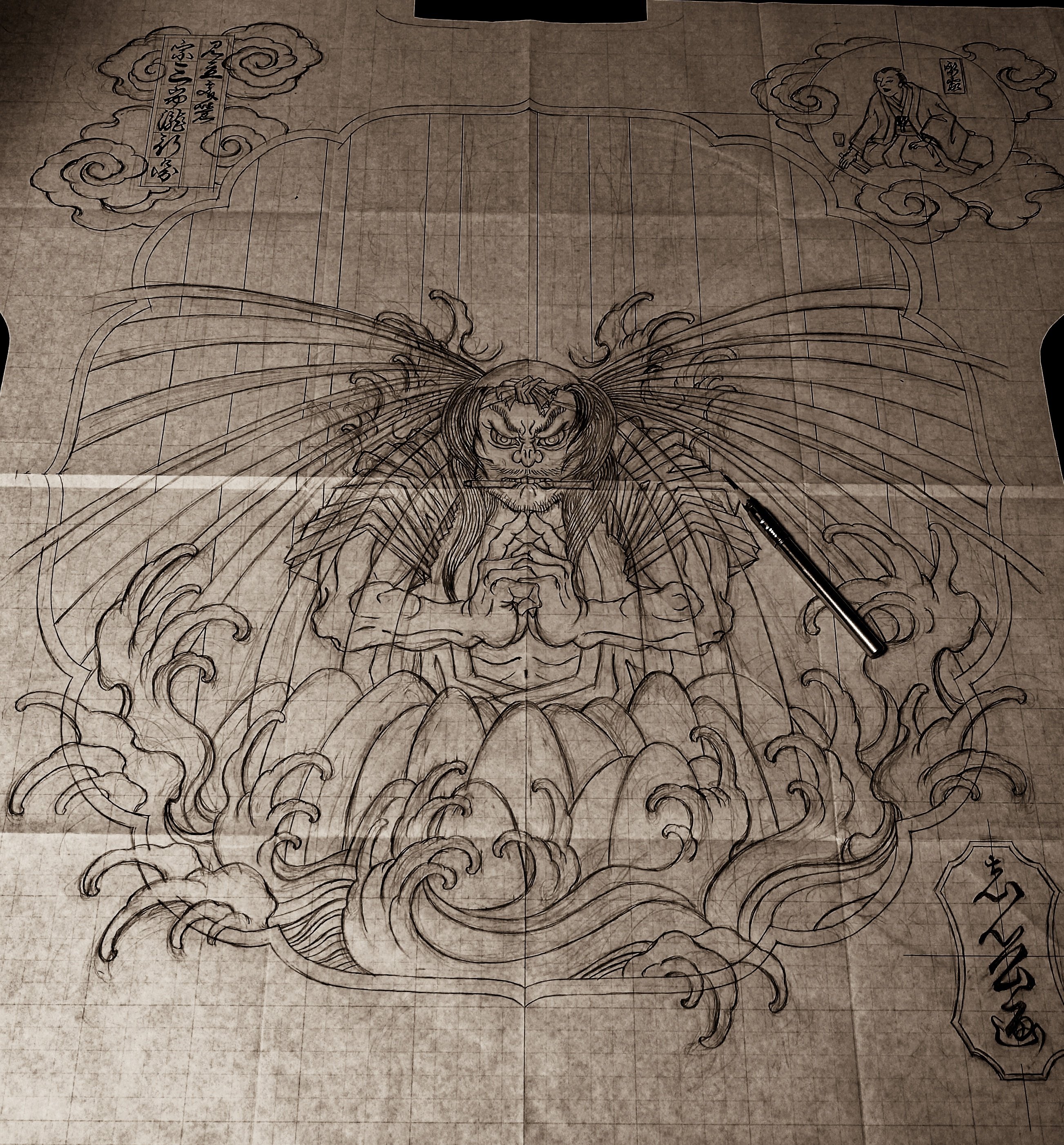 ジビエ鹿革半纏(見立文覚宗三郎滝行図)｜chelsea / 革職人