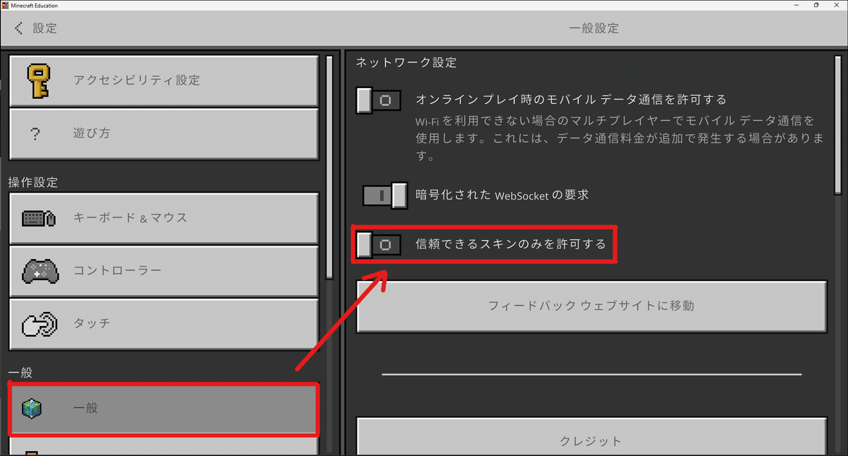 教育版マインクラフトの設定の中の「一般」という項目内の「信頼できるスキンのみを許可する」を設定するように指示する画像