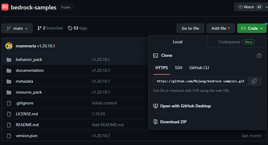 GithubのMinecraft公式が公開しているアドオンサンプルのページ