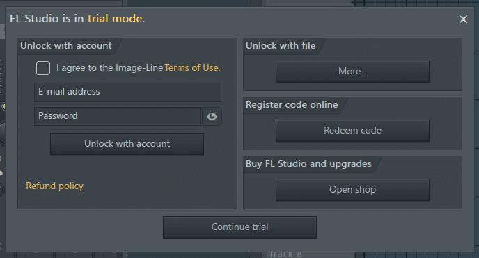 試用版の FL Studio を起動した際に表示されるダイアログ。「FL Studio is in trial mode.」と表記されている。