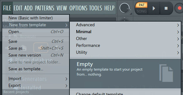 FL Studio の左上メニューから「FILE → New from template → Empty」と選択している。