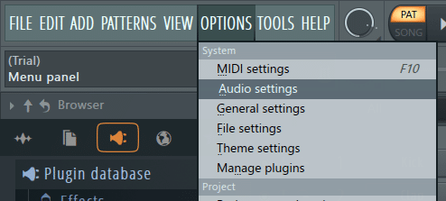 FL Studio の左上メニューから「OPTIONS → Audio settings」」と選択している。