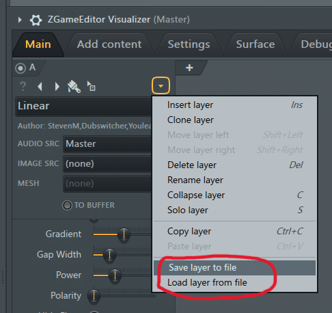 ZGEV のウィンドウ。Layer menu 内の「Save layer to file」が選択されて反転している。Layer menu内の「Save layer to file」と「Load layer from file」が赤丸で囲われている。