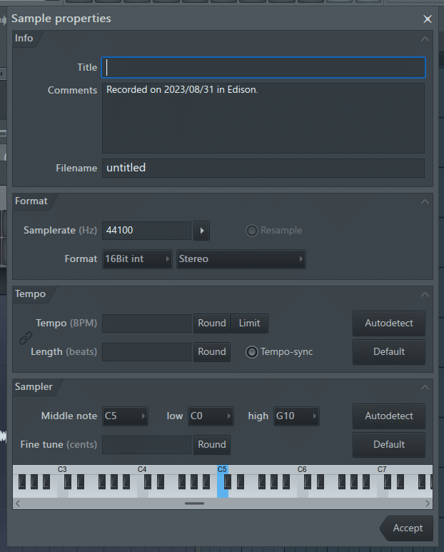 Sample properties のダイアログ。
