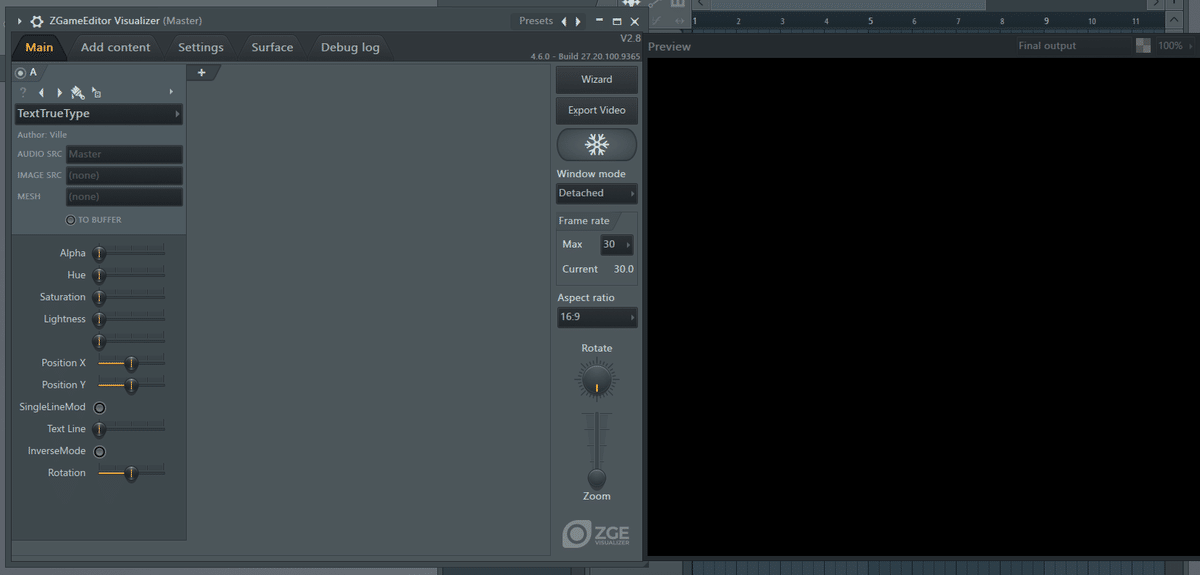 「TextTrueType」のレイヤーを置いた時点での ZGEV のウィンドウ。この時点ではプレビューに何も描画されていない。