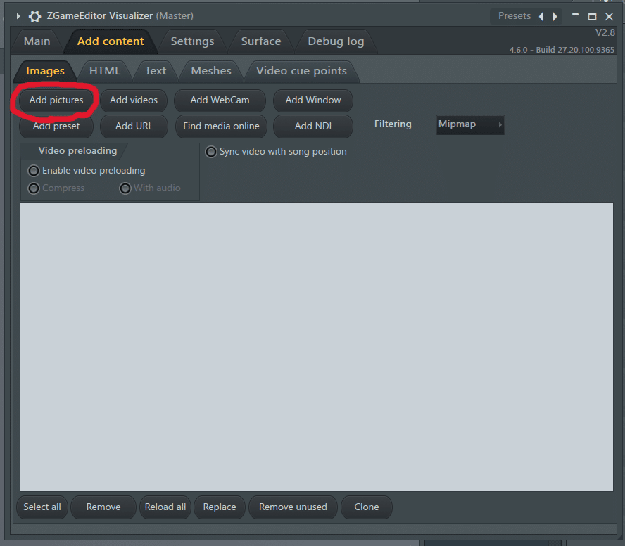 ZGEV のメインウィンドウ、「Add content → Images」タブが表示された画像。「Add pictures」ボタンが赤丸で囲われている。