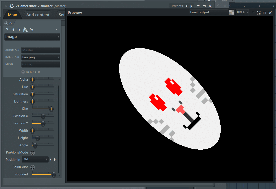 ZGEV のウィンドウ。パラメータの変更によって kao.png が変形されている。