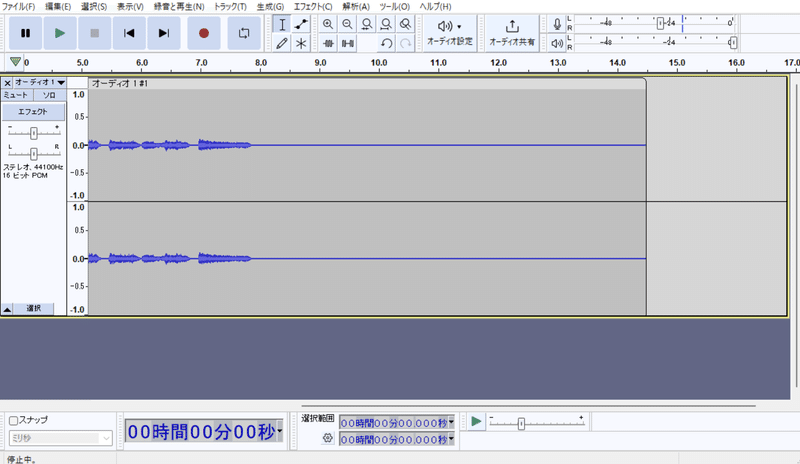 録音終了後の Audacity ウィンドウの画像。