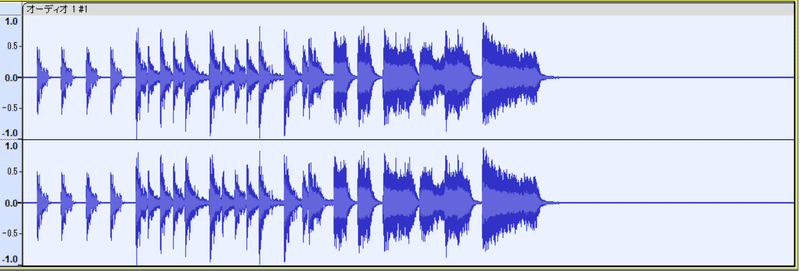 ノーマライズ後の波形の画像。1.7秒ごろにある振幅の最大部分が 0db になっている。