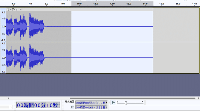 Audacity ウィンドウの一部。波形の内、末尾の無音部分が選択されて背景色が明るくなっている。