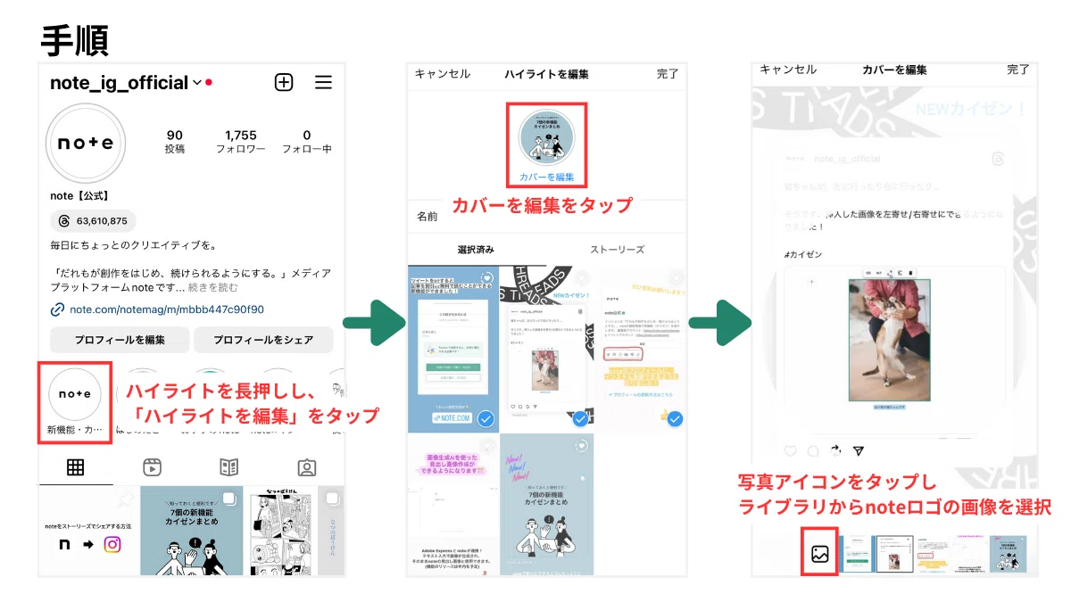 ハイライトのカバー画像を設定する手順を説明した画像。ハイライトを長押しし、「ハイライトを編集」をタップ。カバーを編集をタップ。写真アイコンをタップしライブラリからnoteロゴの画像を選択