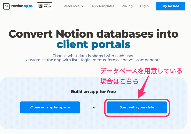 「Start with your data」ボタンをクリック