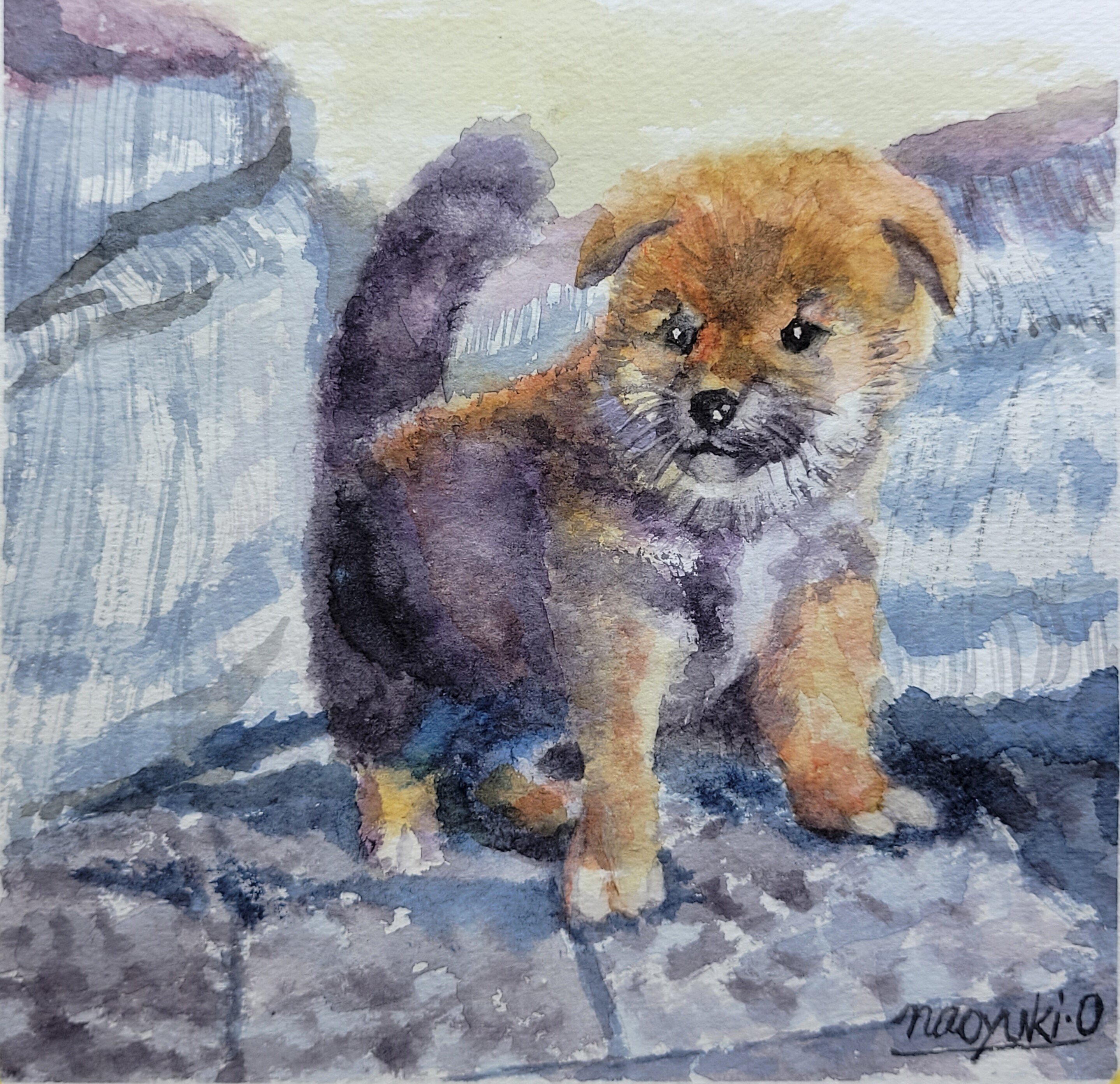 仔犬と紫陽花　水彩画　原画　額付き 仔犬と紫陽花　水彩画　原画　額付き