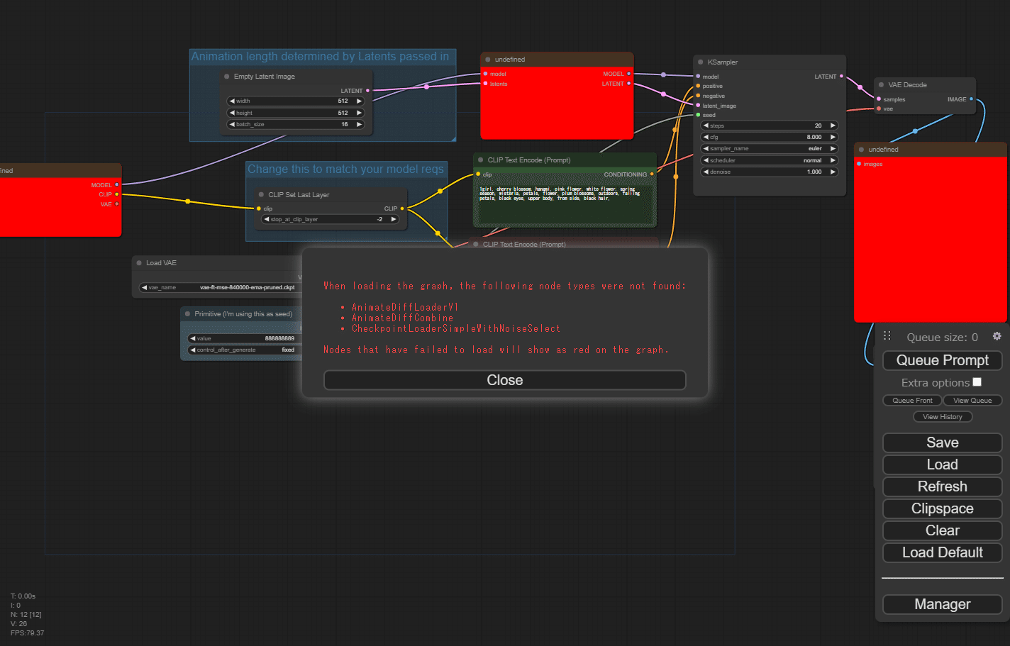 When loading the graph, the following node types were not found: - AnimateDiffLoaderV1 - AnimateDiffCombine - CheckpointLoaderSimpleWithNoiseSelect Nodes that have failed to load will show as red on the graph.