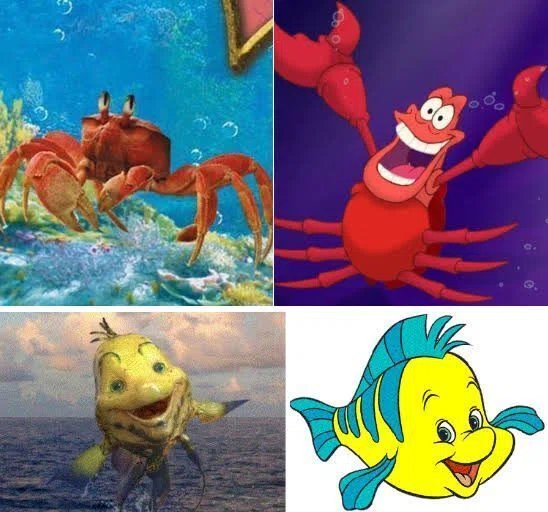 カニのセバスチャン、魚のフランダー、アニメと実写の比較